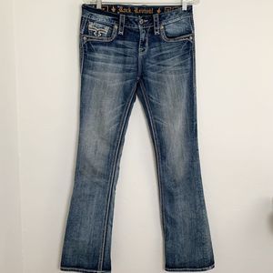 Rock Revival Kaitlyn Denim Jeans Size 28 Mid-Rise Bootcut Thick Stitch Bling